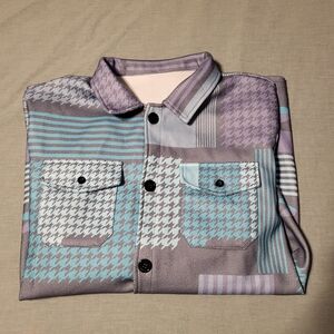 Stylish Houndstooth Gray, Purple, And Blue Patterned Shirt